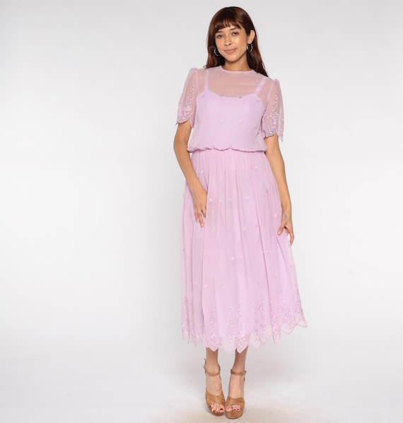 Prairie Dress 70s Lavender Sheer Embroidered Midi Floral Scalloped Hem Waist Prom Bridesmaid Romantic Wedding Cottagecore Purple Small S