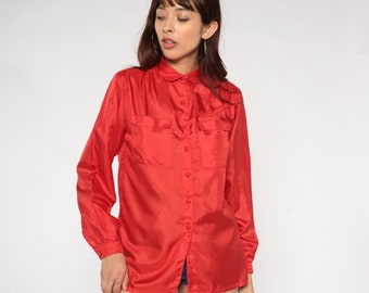 Red Button Up Blouse 80s Collared Shirt Retro Boho Plain Simple Secretary Top Peter Pan Collar Basic Long Sleeve Vintage 1980s Medium