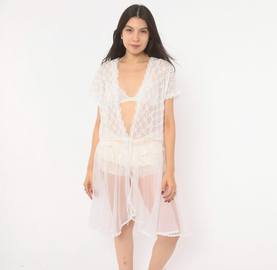 White Lace Robe 90s Sheer Nylon Duster Tie Front Babydoll Peignoir Coquette Fairy Lingerie Coverup Floral Mesh Short Sleeve Plus Size 2X
