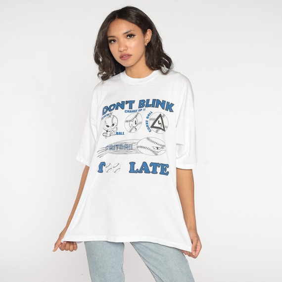 Funny Baseball Shirt 90s Don't Blink Too Late T-Shirt Retro Sports Joke Graphic Tee Pitcher Fast Curve Ball White Vintage 1990s Mens 2xl xxl