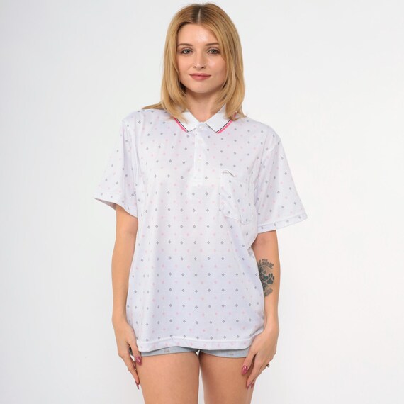 White Geometric Polo Shirt Vintage Y2K Quarter Button Up Shirt Polka Dot Top Collared 00s Short Sleeve Medium M