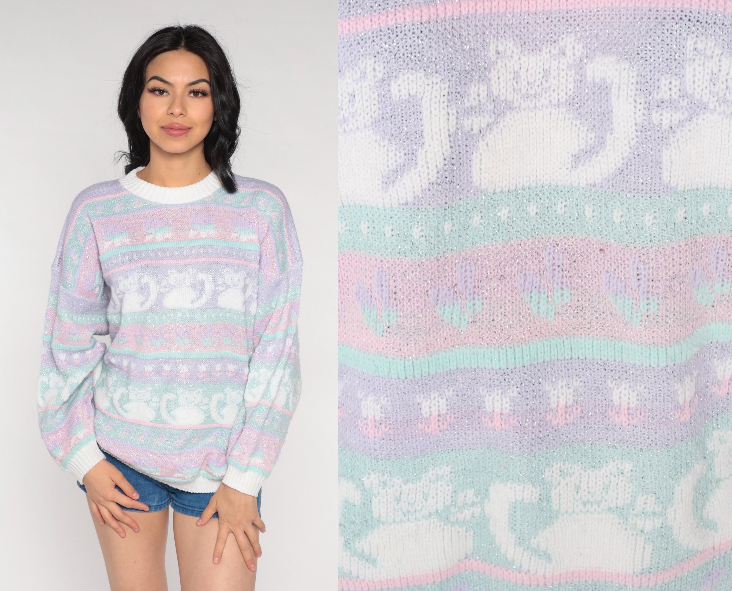 Pastel Cat Sweater 80s Metallic Knit Kitten Sweater Fairy Kei - Etsy