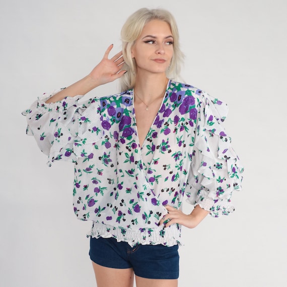 80s Floral Shirt Ruffled Long Sleeve Blouse Wrap Top Purple Flower Print V Neck Bohemian Retro Flounce White Semi-Sheer Vintage 1980s Large