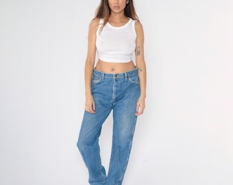 Vintage 90s Blue Jeans George Strait Cowboy Cut Wrangler Straight Leg Western 1990s High Rise Waist Denim Pants Men's 35 x 34 Large L