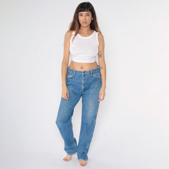Vintage 90s Blue Jeans George Strait Cowboy Cut Wrangler Straight Leg Western 1990s High Rise Waist Denim Pants Men's 35 x 34 Large L
