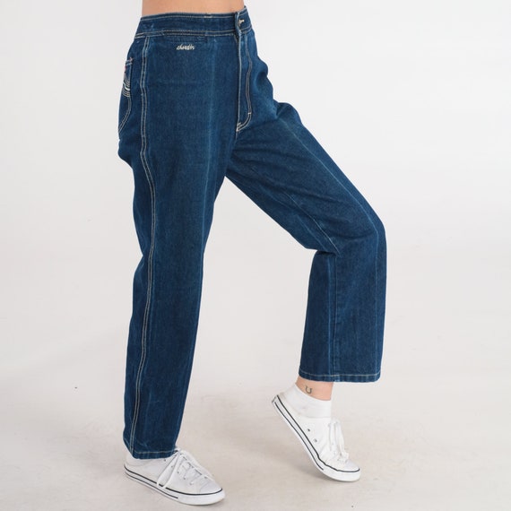 80s Straight Leg Jeans High Waisted Rise Jeans Retro Dark Wash Denim Pants Blue Relaxed Embroidered Creased Vintage 1980s Chardon Small S 28