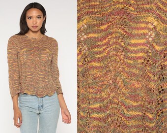 Sheer Space Dye Sweater 00s Open Weave Pointelle Knit Cut Out Boho Vintage Bohemian Hippie Acid Festival Green Yellow Red Cutwork Small