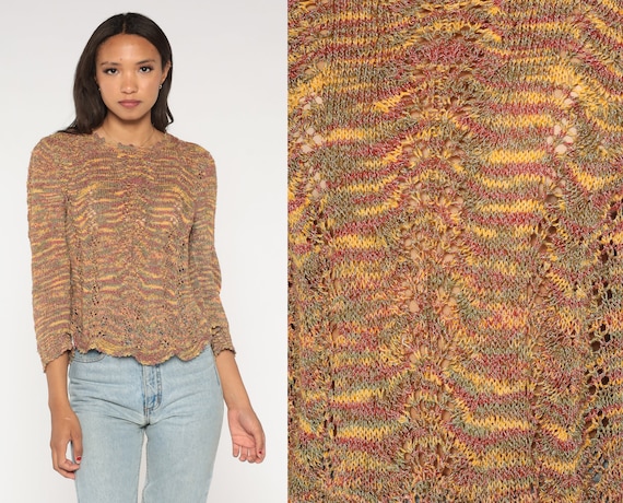 Sheer Space Dye Sweater 00s Open Weave Pointelle Knit Cut Out Boho Vintage Bohemian Hippie Acid Festival Green Yellow Red Cutwork Small