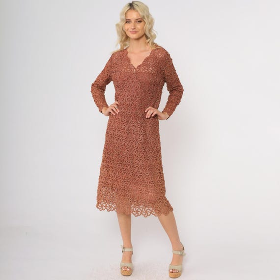 Copper Brown Metallic Cutout Eyelet Party Mod 70s Cocktail Dress Lace Overlay Long Sleeve Vintage Scalloped Hem Evening Retro Medium M