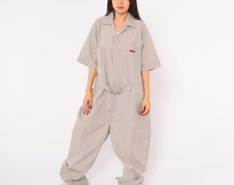 Mono gris de los 80, manga corta, mono de trabajo, ropa utilitaria, pierna ancha, mono de una pieza con cinturón, traje de mecánico, traje de vuelo vintage, talla L