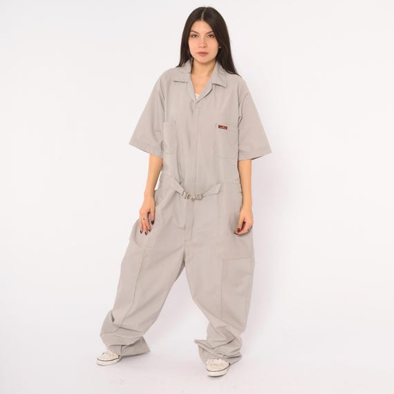 80s Grey Coveralls Short Sleeve Jumpsuit Boilersuit Workwear Utility Wide Leg One Piece Belted Waist Mechanic Flight Suit Vintage Large L