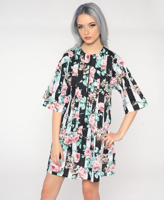 80s Floral Dress Rose Print Dress Casual Mini Dress Front Zip 1980s Short Sleeve Vintage Shift Dress Black White Striped Small S