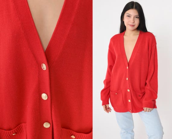 90s Red Cardigan Wool Acrylic Knit Deep V Neck Button up Sweater