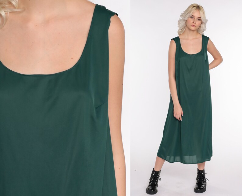 Slip Dress 80s Midi Dress Tank Dress Green Grunge Sleeveless Vintage 1980s Bohemian Retro Sheath Retro Plain Extra Large xl