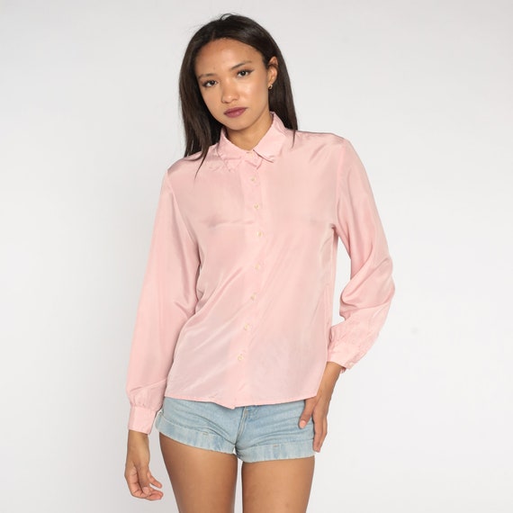 Baby Pink Blouse 80s 90s Button Up Shirt Retro Basic Simple Top Pastel Long Sleeve Collared Preppy Secretary Chic Vintage Medium M