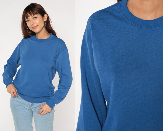 Blue Sweatshirt 80s Crewneck Retro Solid Plain Blank Slouchy Pullover Sweater Basic Drop Shoulder Long Sleeve 1980s Vintage Medium M