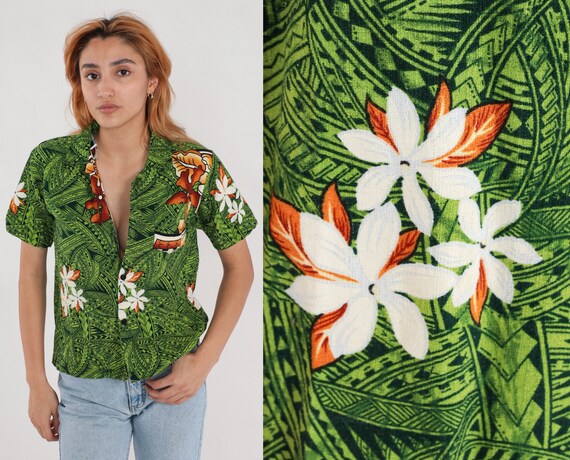 Tropical Floral Shirt Green Hawaiian Blouse Button Up 80s Vintage Surfer Vacation Short Sleeve Barkcloth Leaf Print Retro Top Small