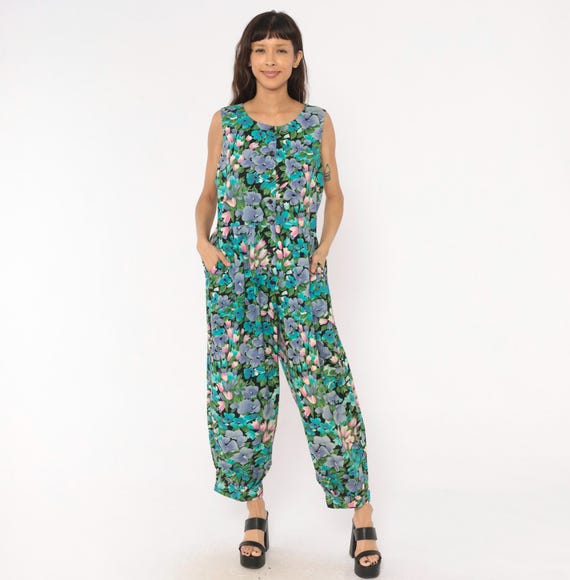 90s Floral Jumpsuit Sleeveless Cotton Wide Leg Romper Purple Teal Pink Garden Print  Pocketed  Prairie Summer One Piece Vintage Medium M