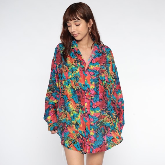 Silk Rainbow Brushstroke Shirt Y2K Psychedelic Button Front Collared Long Sleeve 90s Blue Pink Yellow Red Orange Vintage Extra Large XL 16