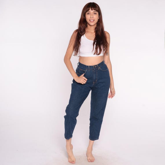 80s Mom Jeans Chic High Waisted Dark Wash Blue Denim Tapered Leg Vintage Ankle Length Cotton Five Pocket Classic Casual Everyday Size 28