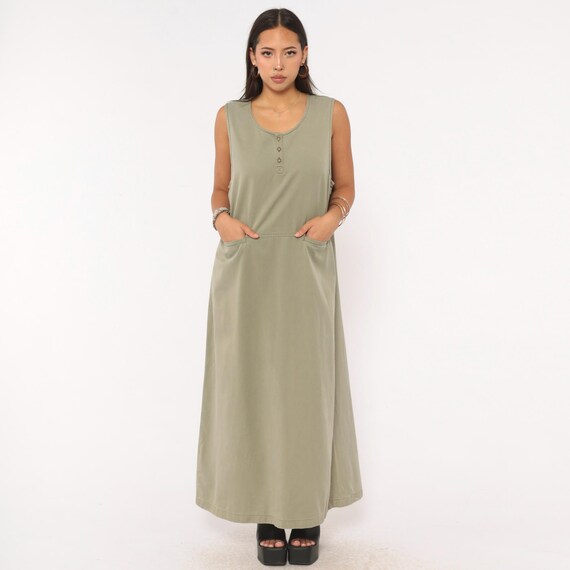 90s L.L.Bean Sleeveless Maxi Dress Sage Olive Cotton Button Front A Line Pocket Tank Shift Khaki Grey Green Vintage Summer Extra Large XL