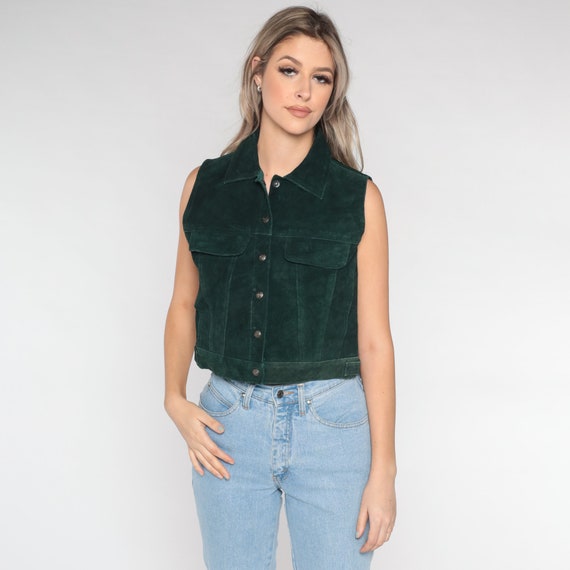 Vintage Green Suede Vest 90s Leather Button up Vest Top Boho Dark Forest Green Western Festival Snap Up Sleeveless Bohemian 1990s Small S