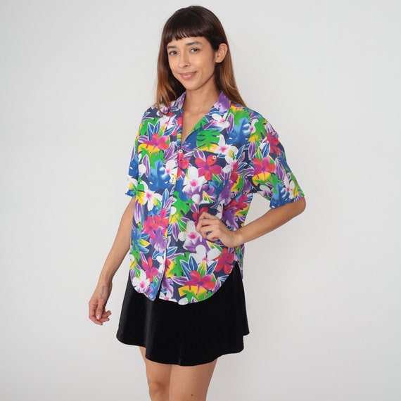 Hawaiian Shirt 90s Tropical Floral Blouse Plumeria Flower Leaf Print Top Short Sleeve Aloha Surfer Vintage 1990s Liz Sport Oversized Small S