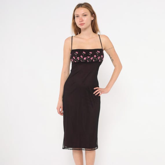 Y2K Pink Floral Party Dress Embroidered Slip Black Mesh Overlay Fitted Bodycon Cami Frock Rose Flower Party Going Out Evening Medium M