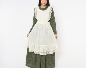 70s Cream Linen Pinafore Apron Dress Lace Trim Ruffle Hem Tie Back Prairie Cottagecore Skirt Farmhouse Country Americana Vintage Sm to Large