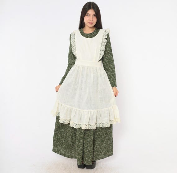 70s Cream Linen Pinafore Apron Dress Lace Trim Ruffle Hem Tie Back Prairie Cottagecore Skirt Farmhouse Country Americana Vintage Sm to Large