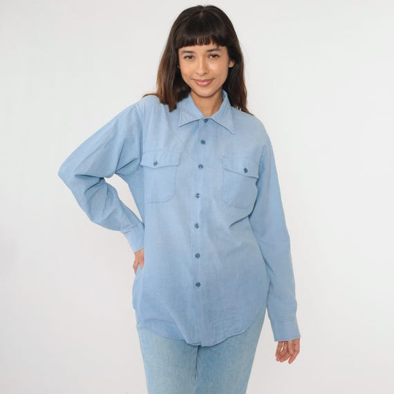 Vintage Blue Oxford Shirt Paint Splatter Button Up Shirt 80s Chest Pocket Long Sleeve Plain 1980s Large L