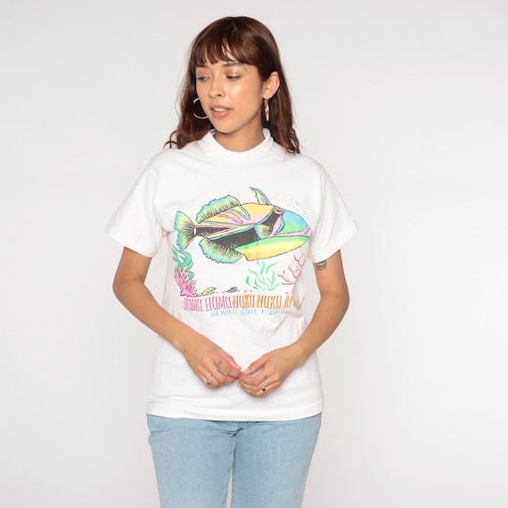 Vintage Hawaii Fish Shirt 90s Humuhumunukunukuapua'a T Shirt Neon Graphic TShirt Tropical Surf Shirt Retro Tee 1990s Travel Hawaiian Small