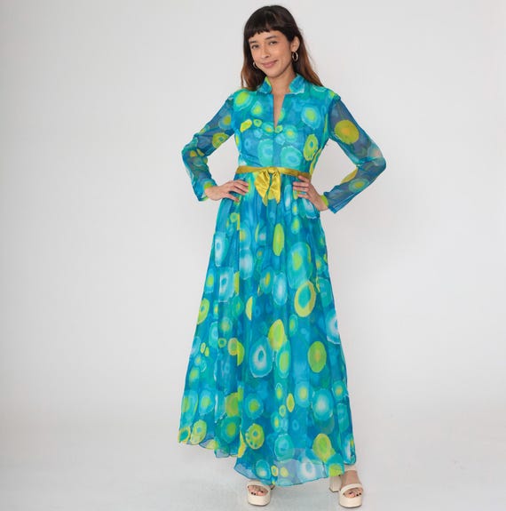 70s Maxi Dress Blue Green Vintage Psychedelic Print Sheer Long Sleeve Collared Neckline Floor Length Gown Yellow Bohemian Festival Medium M