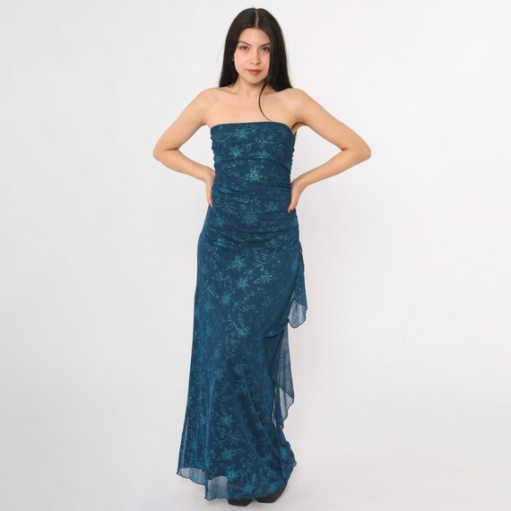 Vintage Y2K Strapless Prom Dress Blue Metallic Floral Evening Gown Ruched Bodycon Ruffle 00s Formal Glittery Party Dress XS Small Petite