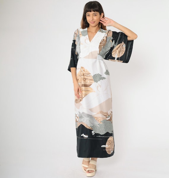 Vintage 70s Boho Maxi Dress Kimono Sleeve Celestial Landscape Print V Neck 1970s Hippie Bohemian Hawaiian High Waist Festival Hippy Small S
