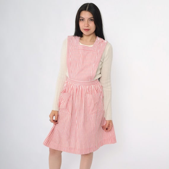 Vintage 80s Candy Striper Nurse Dress Red White Striped Apron Uniform Hospital Pinafore Soda Fountain Waitress Diner 1980s Extra Small xs