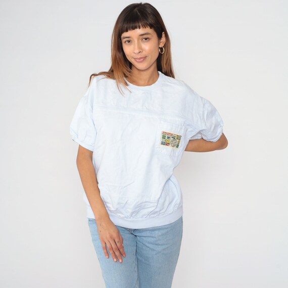 Slouchy White Shirt 90s Club Des Sportifs T-shirt Short Sleeve Banded Hem Top Logo Tee Chest Pocket Retro Casual Basic Vintage 1990s Large L