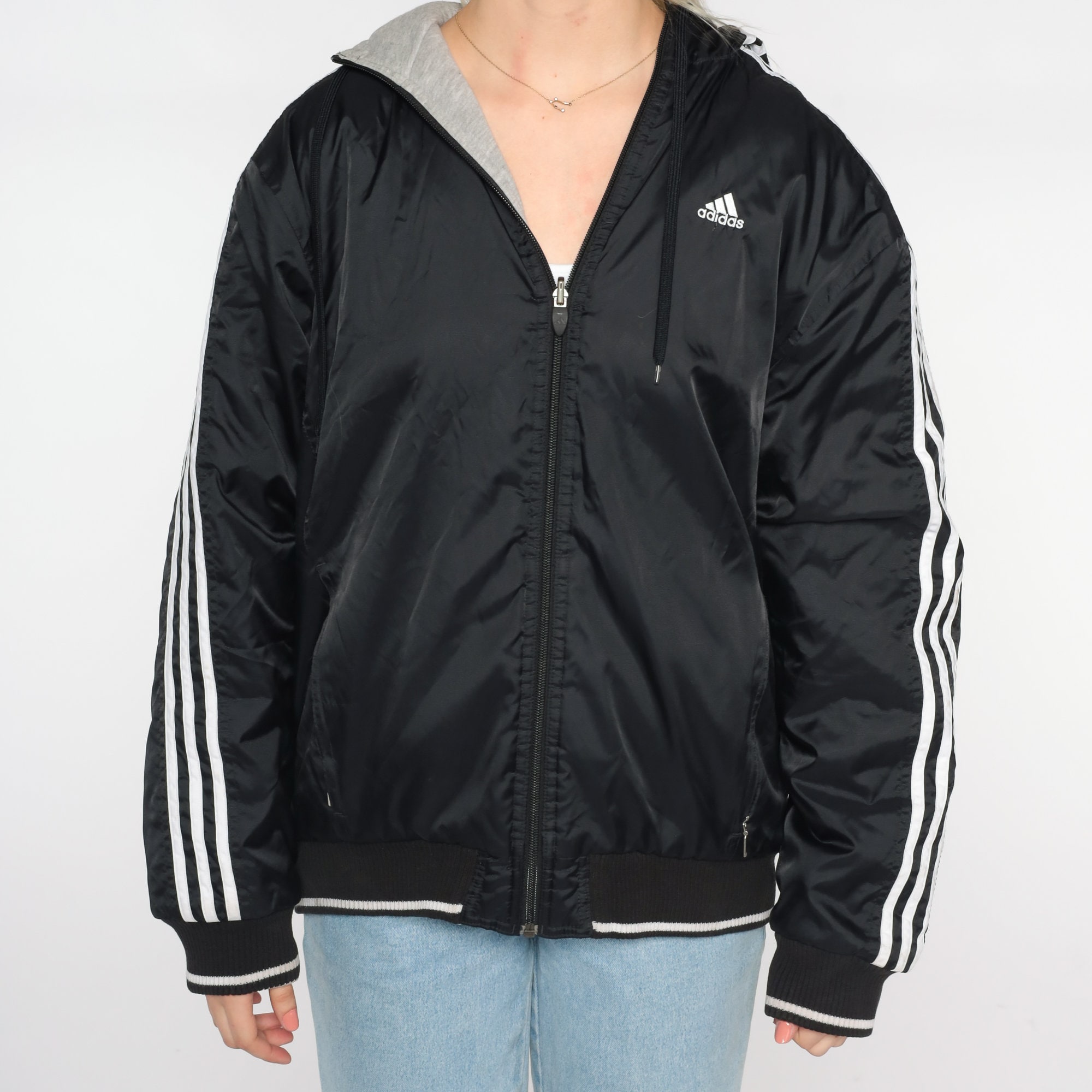 Adidas Reversible Hooded Jacket Y2K Windbreaker Black Grey Track