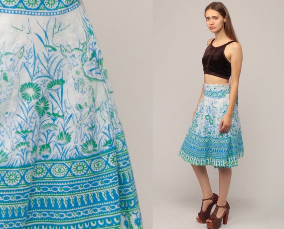 Wrap Skirt 70s Hippie DEER PRINT Midi 1970s Boho Cotton Bohemian Skirt Floral High Waist Vintage Blue Festival Small Medium Large