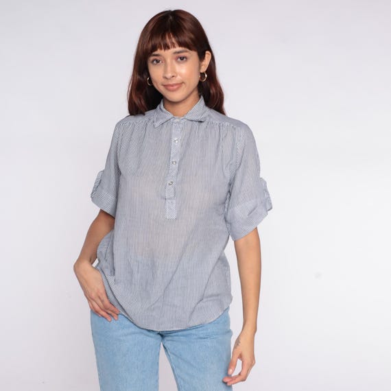 80s Striped Shirt Vertical Blue White Button Front Bow Tie Collar Short Sleeve Cotton Secretary Blouse Office Work Nautical Preppy Large L
