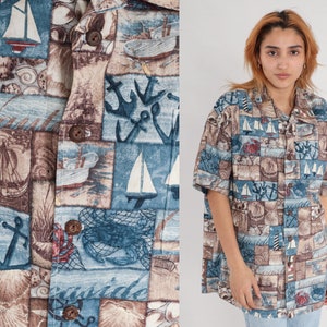 Nautical Shirt 90s Sailboat Button Up Ships Crab Yacht Sail Anchor Print Retro Ocean Short Sleeve Blue Brown Vintage 1990s Extra Large xl