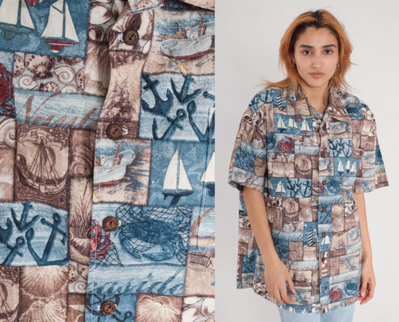 Nautical Shirt 90s Sailboat Button Up Ships Crab Yacht Sail Anchor Print Retro Ocean Short Sleeve Blue Brown Vintage 1990s Extra Large xl