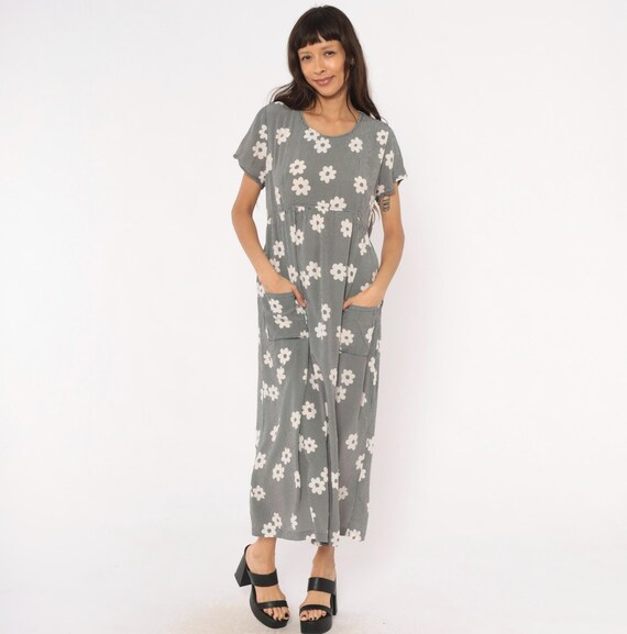 90s Daisy Print Maxi Dress Navy Gingham Floral Drawstring Waist Patch Pocket White Flower Power Summer Spring Cottagecore Tie Back Medium M