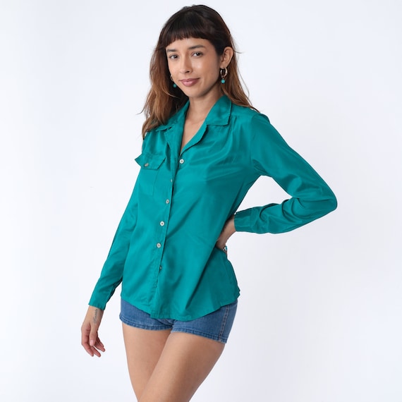Teal Green Blouse 90s Button up Shirt Long Sleeve Collared Top Retro Preppy Basic Plain Simple Minimalist Collar Vintage 1990s Medium M