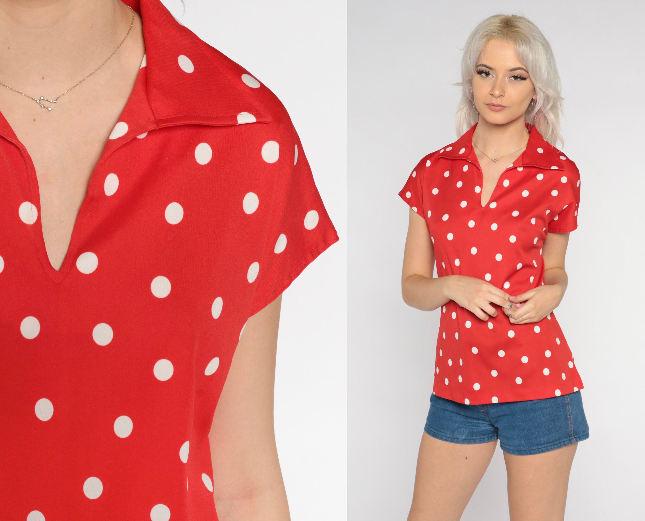 Blouse For Women Red Polka Dots V-Neck Casual Long Sleeves Tops 