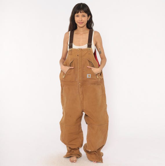Distressed Y2K Carhartt Insulated Bib Overalls Tan Duck Canvas Brown Quilted Lined  Workwear Utility Cargo Pocket Cotton Sand Extra Large XL