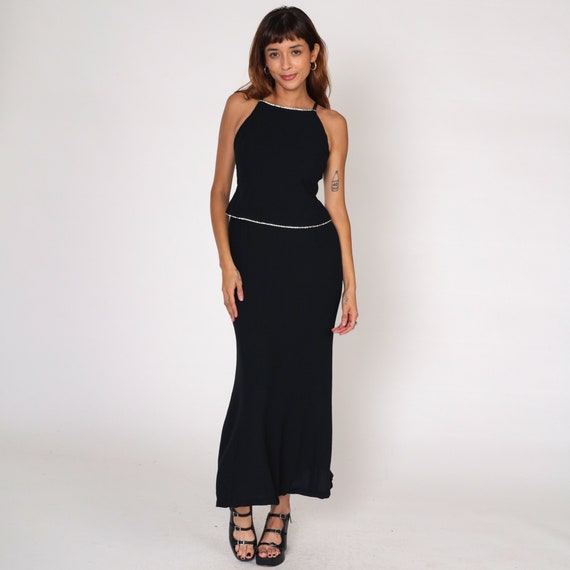 Black Maxi Dress 90s Party Rhinestone Studded Dress Sparkly Formal Dress Vintage Going Out Dress Cocktail Racerback Spaghetti Strap Small 4