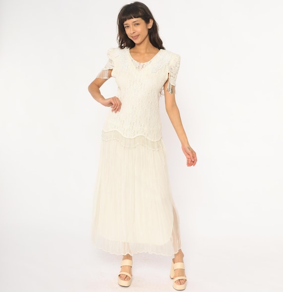 80s Lace Dress Cream Tulle Skirt Puff Sleeve Wedding Fairycore Coquette Party Ivory Off White Beaded Fringe Vintage Gown Romantic Large L