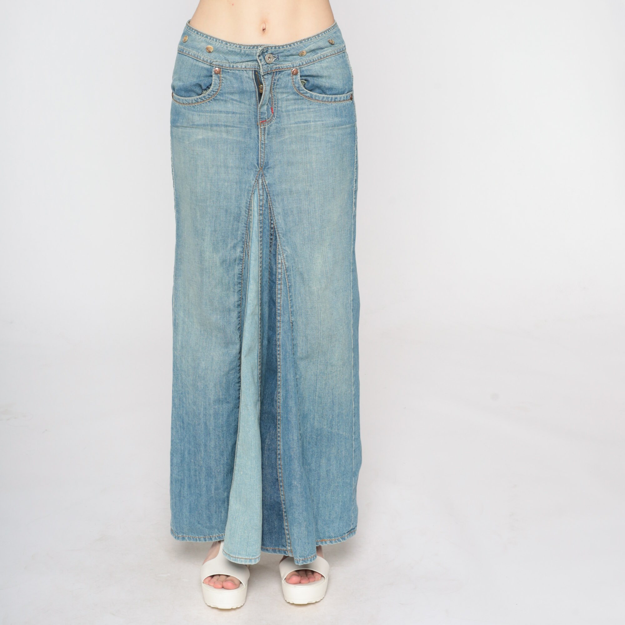 Y2k Denim Maxi Skirt Low Rise Jean Skirt Retro Pleated 00s Pop Etsy
