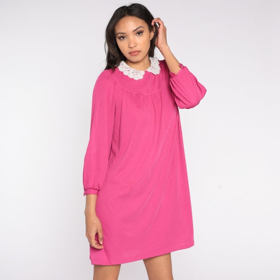 Pink Mini Dress 80s Lace Collar Tent Dress Long S… - image 4